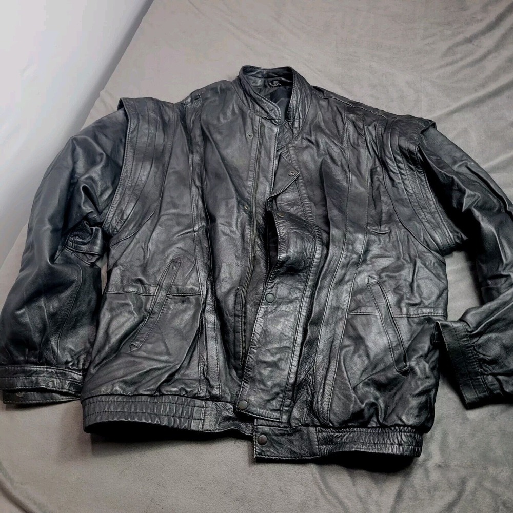 Vegan Leather Jacket Mens Large Black Long Sleeve Zip Up Pockets Collared Snap